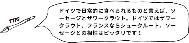 TIPS ドイツで日常的に食べられるものと言えば、ソーセージとザワークラウト。ドイツではザワークラウト、フランスならシュークルート。ソーセージとの相性はピッタリです!