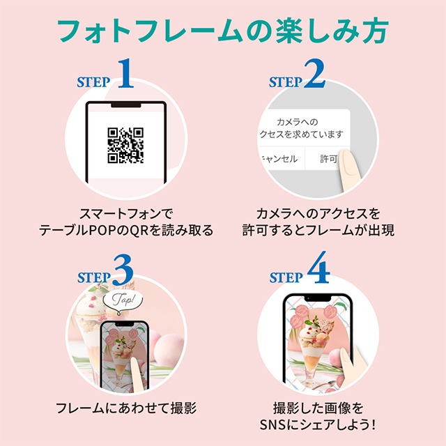 フォトフレームの楽しみ方　STEP1 スマートフォンでテーブルPOPのQRを読み取る　STEP2 カメラへのアクセスを許可するとフレームが出現　STEP3 フレームにあわせて撮影　STEP4 撮影した画像をSNSにシェアしよう！