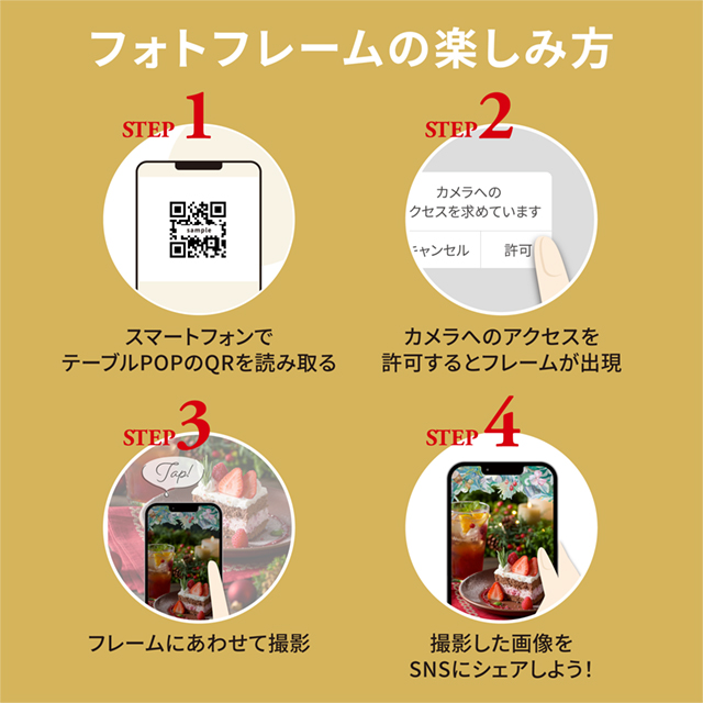 フォトフレームの楽しみ方　STEP1 スマートフォンでテーブルPOPのQRを読み取る　STEP2 カメラへのアクセスを許可するとフレームが出現　STEP3 フレームにあわせて撮影　STEP4 撮影した画像をSNSにシェアしよう！